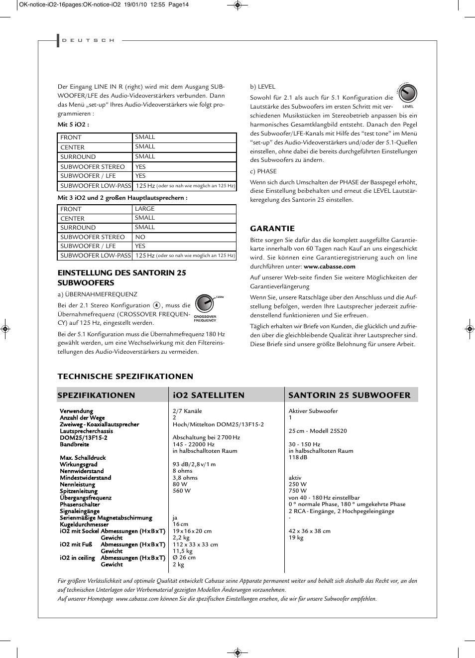 Einstellung des santorin 25 subwoofers, Garantie | Cabasse iO2 User Manual | Page 14 / 16