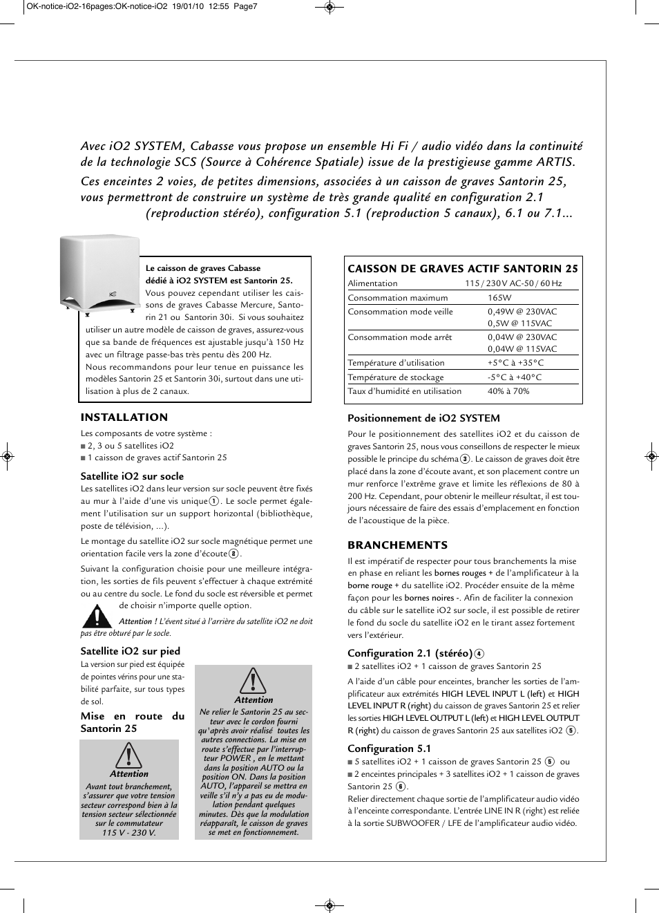 Install ation, Branchements, Caisson de graves actif santorin 25 | Cabasse iO2 User Manual | Page 7 / 16