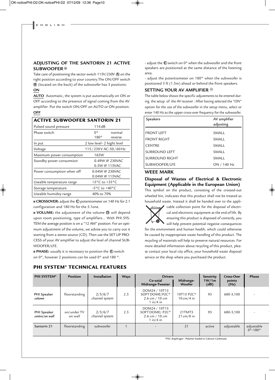 Weee mark, Phi system, Technical features | Active subwoofer santorin 21, Adjusting of the santorin 21 active subwoofer, Setting your av amplifier | Cabasse PHI SYSTEM User Manual | Page 10 / 16