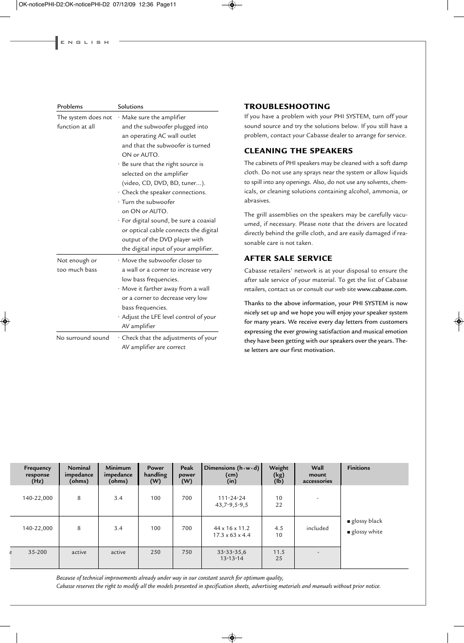 Troubleshooting, Cleaning the speakers, After sale service | Cabasse PHI SYSTEM User Manual | Page 11 / 16