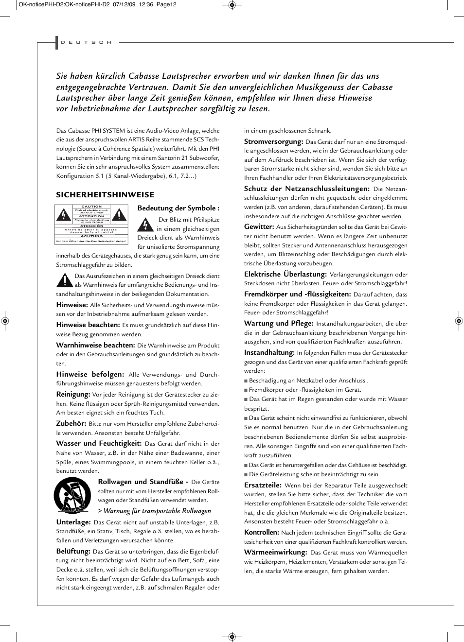 Sicherheitshinweise | Cabasse PHI SYSTEM User Manual | Page 12 / 16