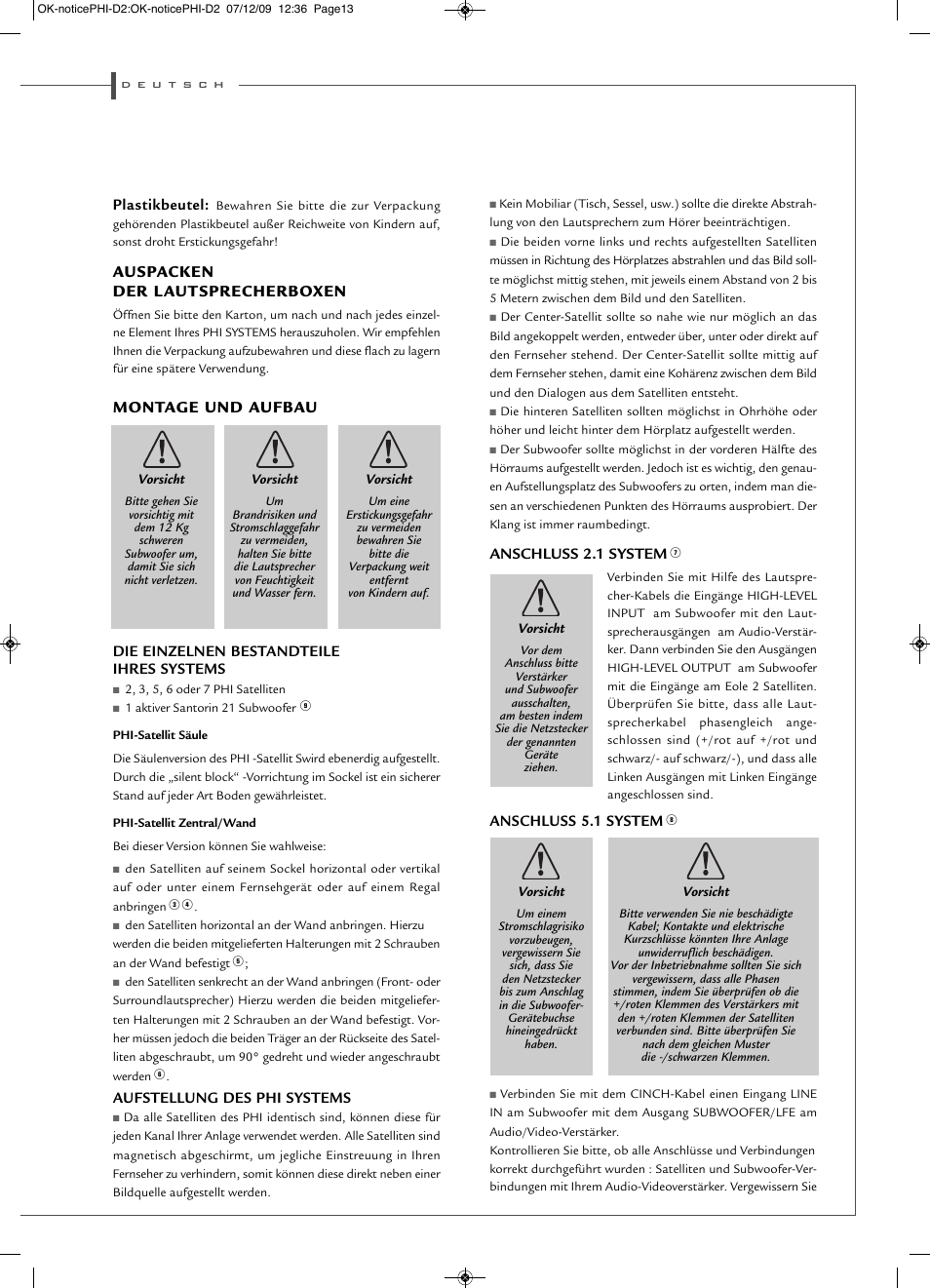 Auspacken der l autsprecherboxen, Montage und aufbau | Cabasse PHI SYSTEM User Manual | Page 13 / 16