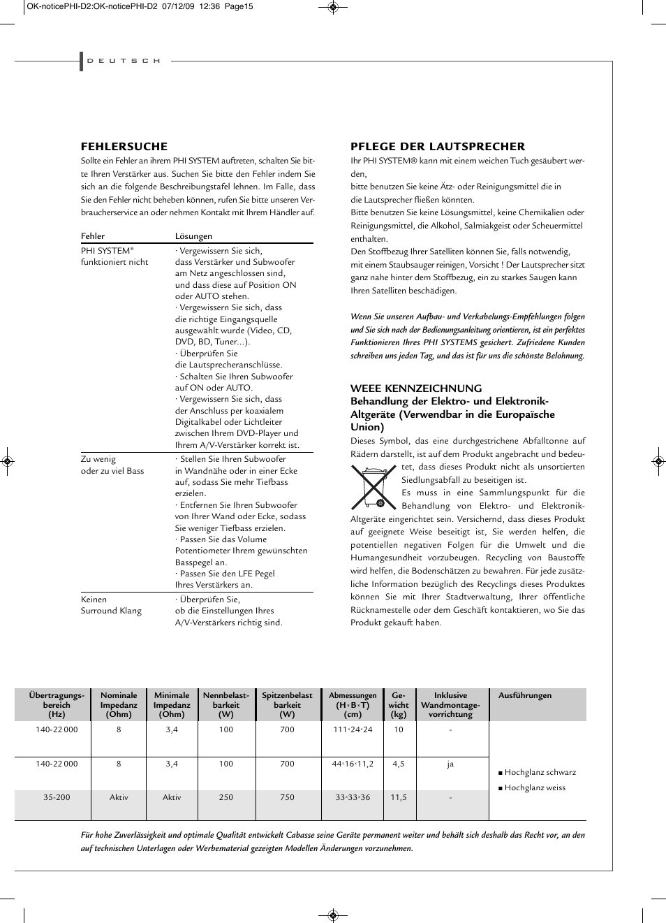 Fehlersuche, Pflege der l autsprecher | Cabasse PHI SYSTEM User Manual | Page 15 / 16