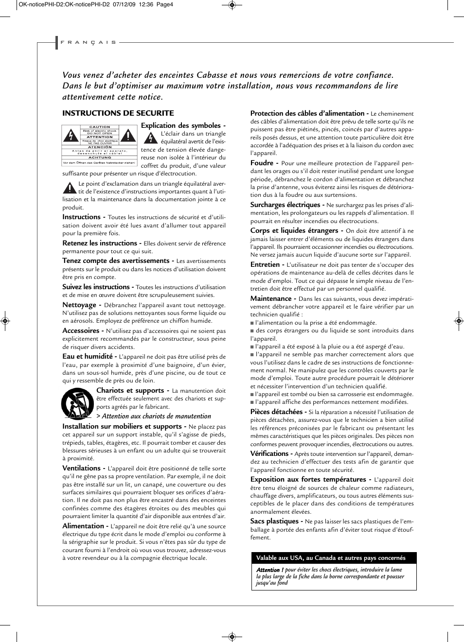Instructions de securite | Cabasse PHI SYSTEM User Manual | Page 4 / 16