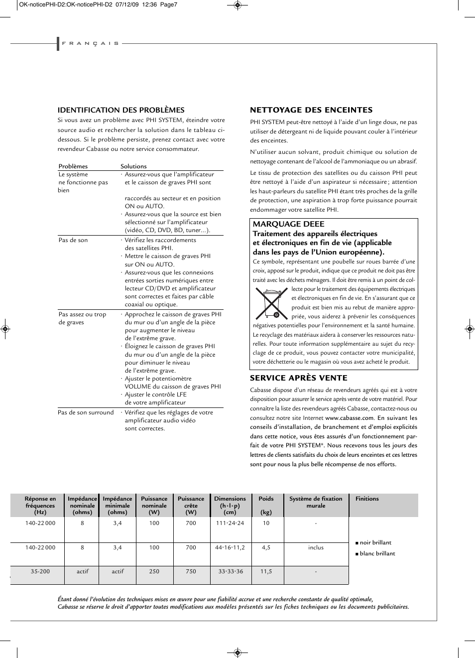 Nettoyage des enceintes, Service après vente, Marquage deee | Identification des problèmes | Cabasse PHI SYSTEM User Manual | Page 7 / 16