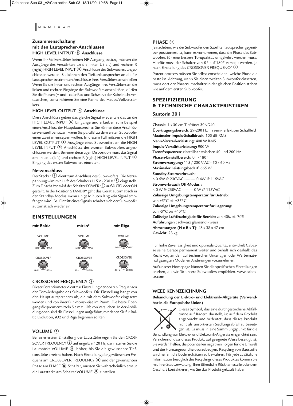 Einstellungen, Spezifizierung & technische charakteristiken, Netzanschluss | Crossover frequency, Volume, Phase, Santorin 30 i, Weee kennzeichnung | Cabasse SANTORIN 30 i User Manual | Page 11 / 12