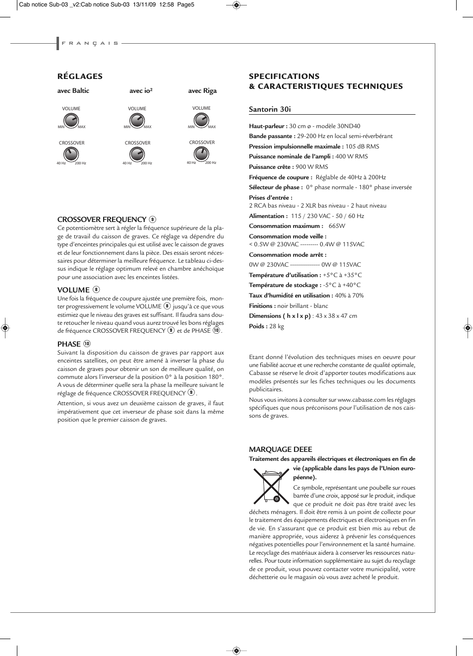 Régl ages, Specifications & caracteristiques techniques, Crossover frequency | Volume, Phase, Santorin 30i, Marquage deee | Cabasse SANTORIN 30 i User Manual | Page 5 / 12