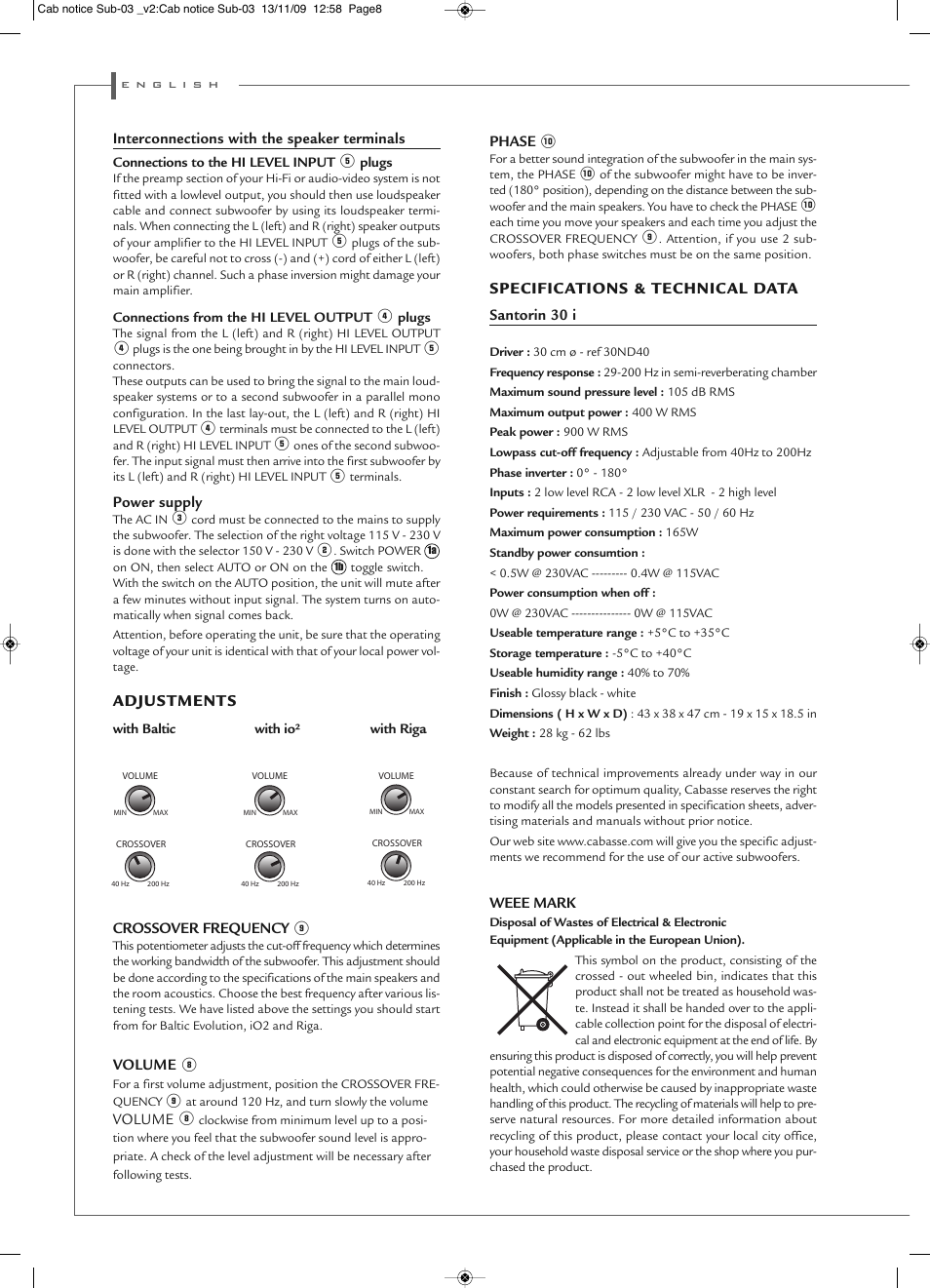 Adjustments, Specifications & technical data, Interconnections with the speaker terminals | Power supply, Crossover frequency, Volume, Phase, Santorin 30 i, Weee mark | Cabasse SANTORIN 30 i User Manual | Page 8 / 12