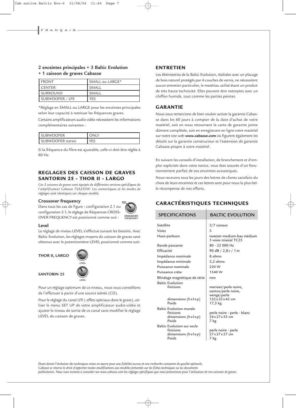 Caractéristiques techniques | Cabasse Baltic Evolution User Manual | Page 7 / 12