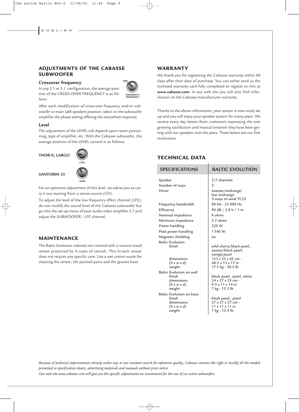 Technical data | Cabasse Baltic Evolution User Manual | Page 9 / 12