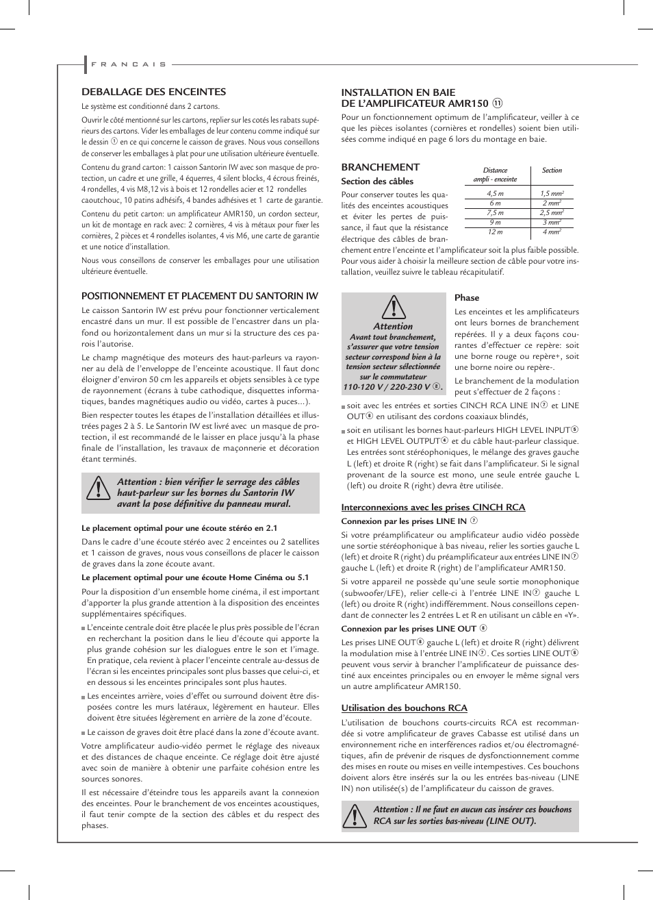Installation en baie de l’amplificateur amr150, Branchement, Deballage des enceintes | Positionnement et placement du santorin iw | Cabasse SANTORIN IW User Manual | Page 8 / 16