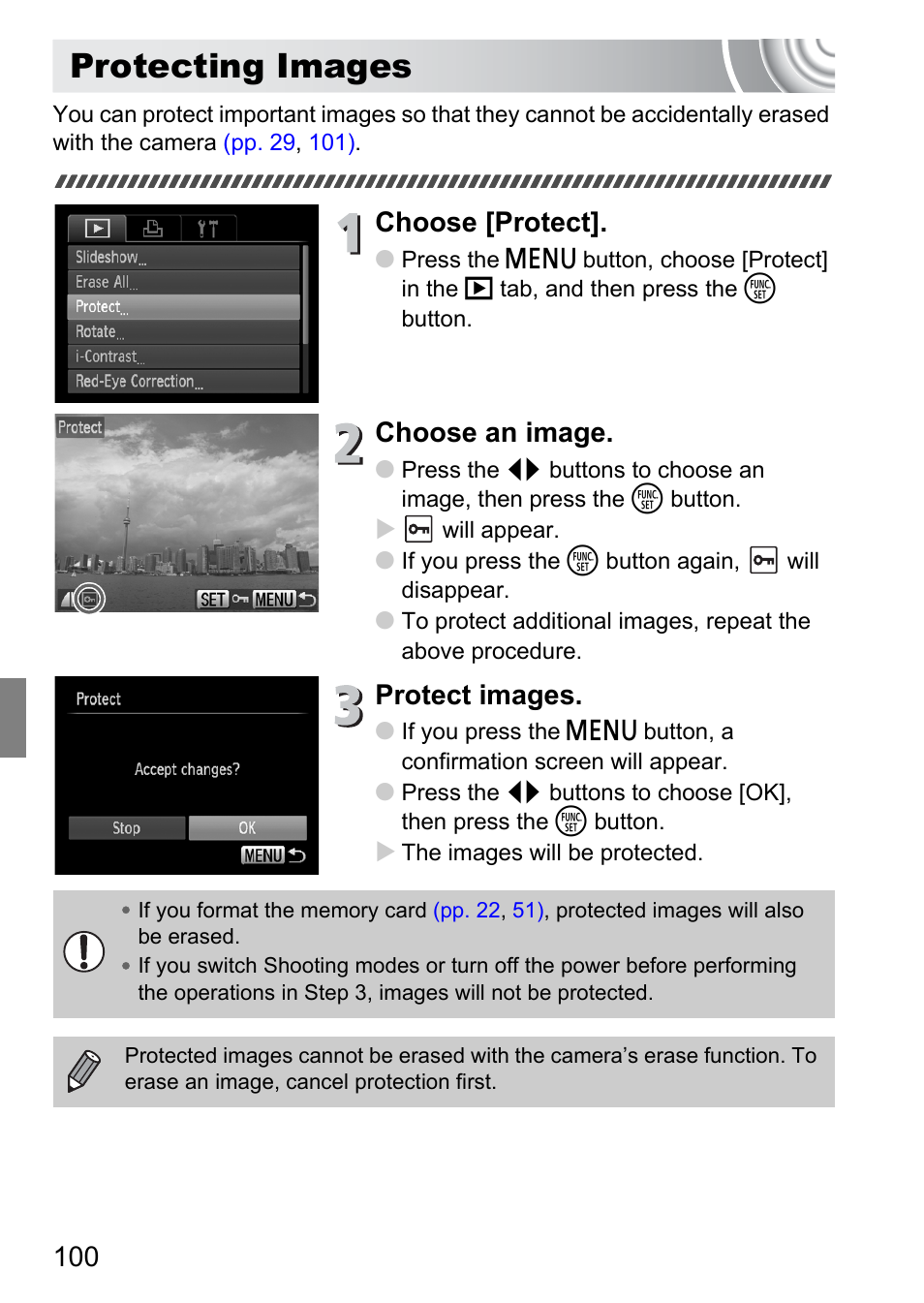 Protecting images, P. 100), Choose [protect | Choose an image, Protect images | Canon IXUS 105 User Manual | Page 100 / 142