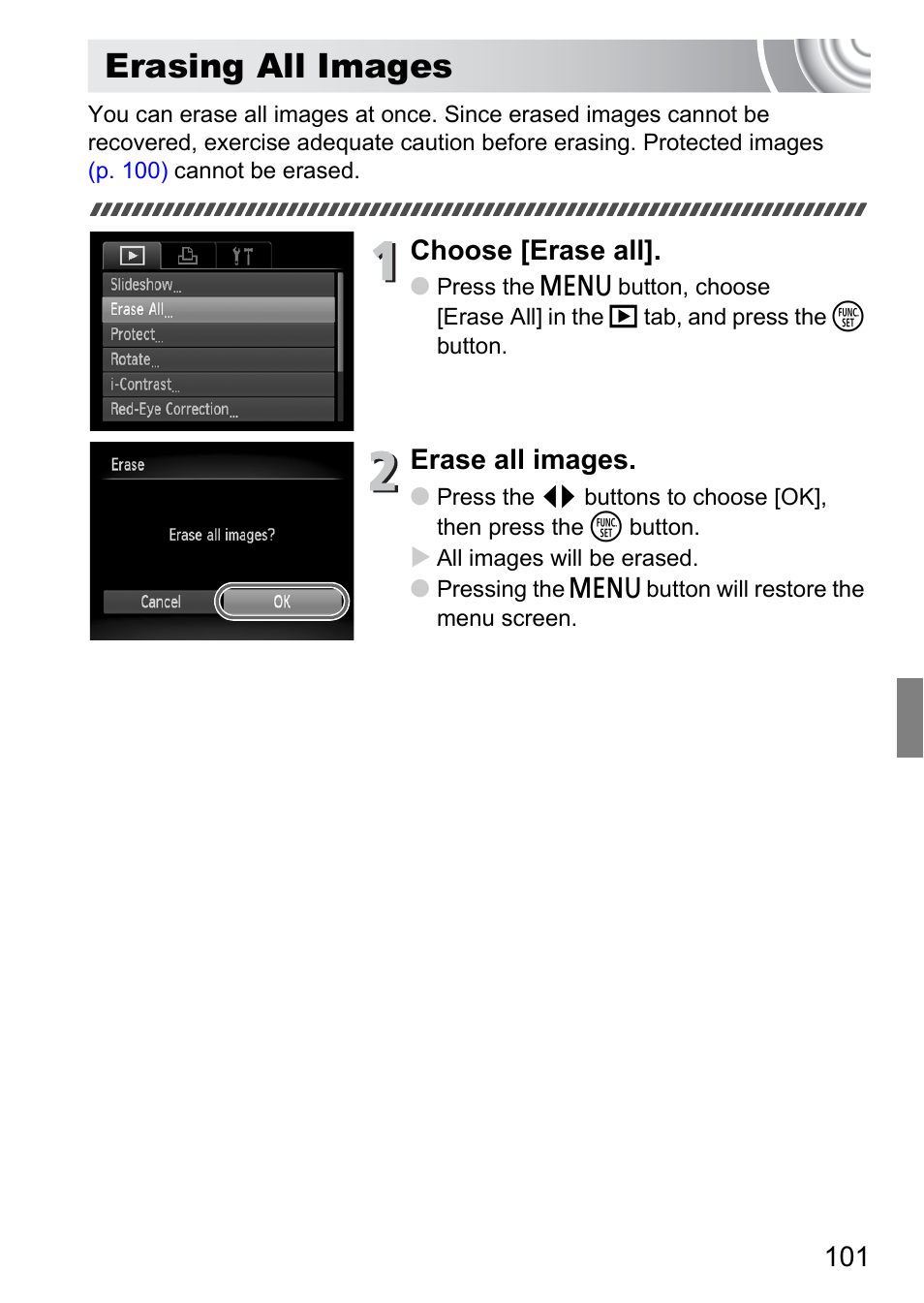 Erasing all images, P. 101), Choose [erase all | Erase all images | Canon IXUS 105 User Manual | Page 101 / 142