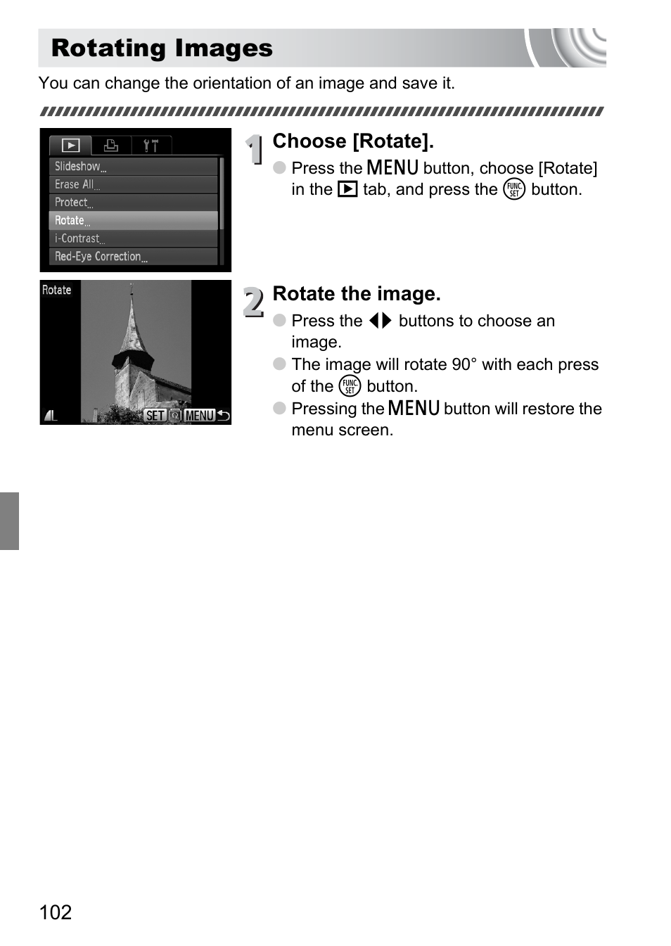 Rotating images, P. 102), Choose [rotate | Rotate the image | Canon IXUS 105 User Manual | Page 102 / 142