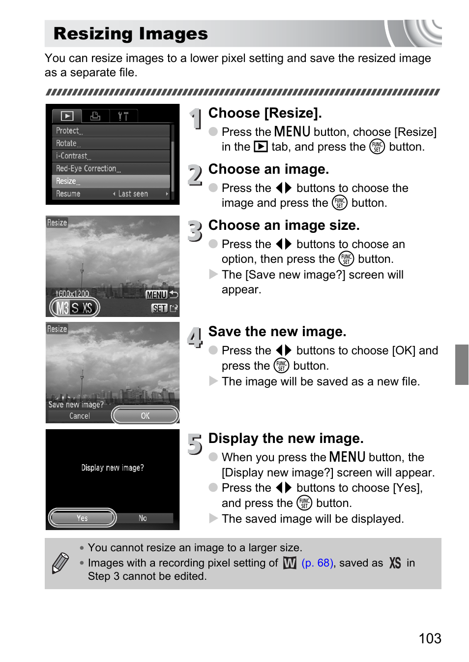 Resizing images, Choose [resize, Choose an image | Choose an image size, Save the new image, Display the new image | Canon IXUS 105 User Manual | Page 103 / 142