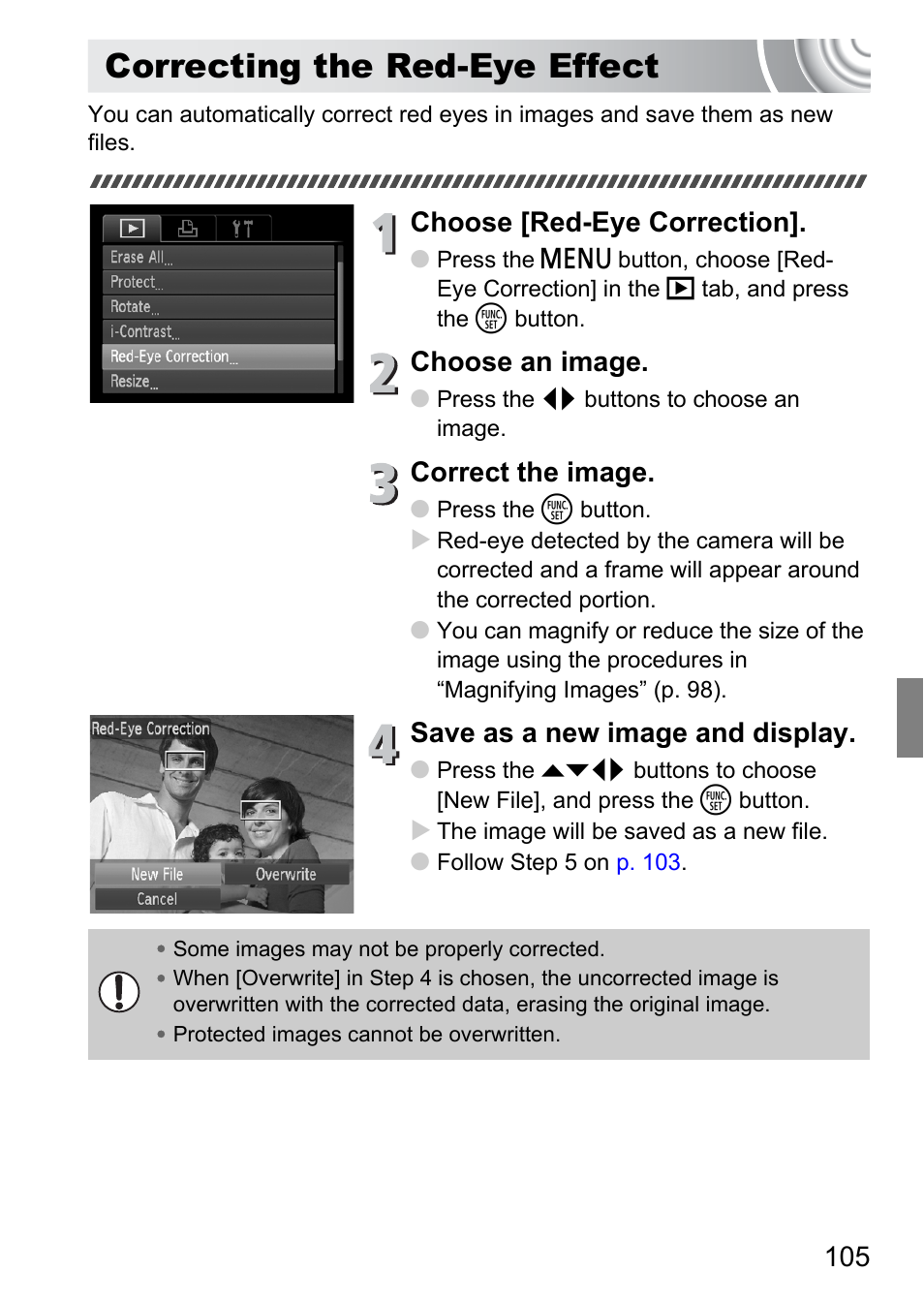 Correcting the red-eye effect, Choose [red-eye correction, Choose an image | Correct the image, Save as a new image and display | Canon IXUS 105 User Manual | Page 105 / 142