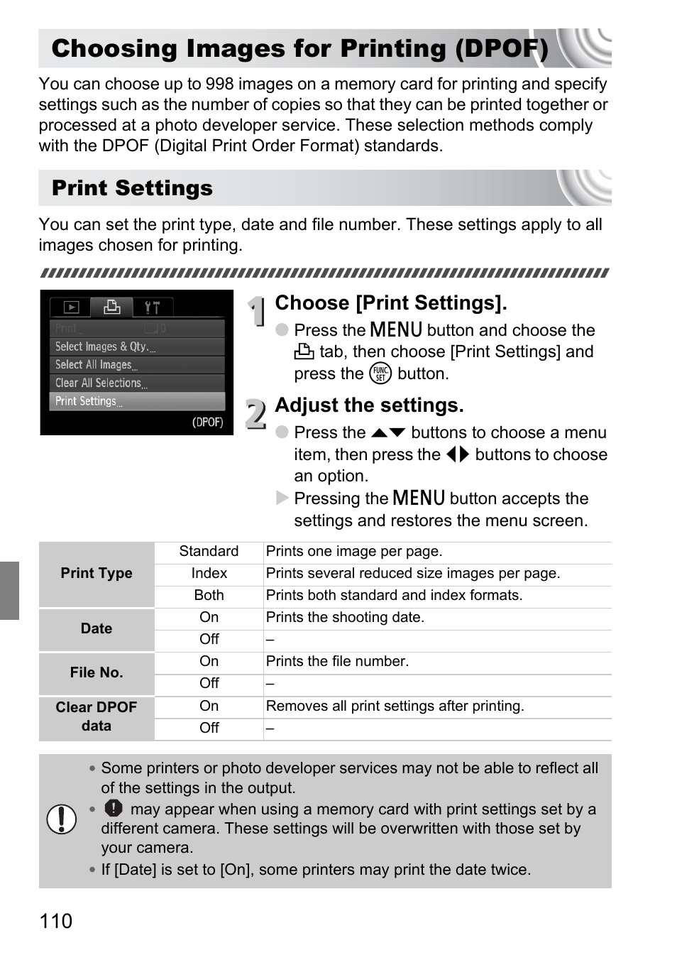 Choosing images for printing (dpof), Choosing images for printing, Dpof) | P. 110), Print settings, Choose [print settings, Adjust the settings | Canon IXUS 105 User Manual | Page 110 / 142