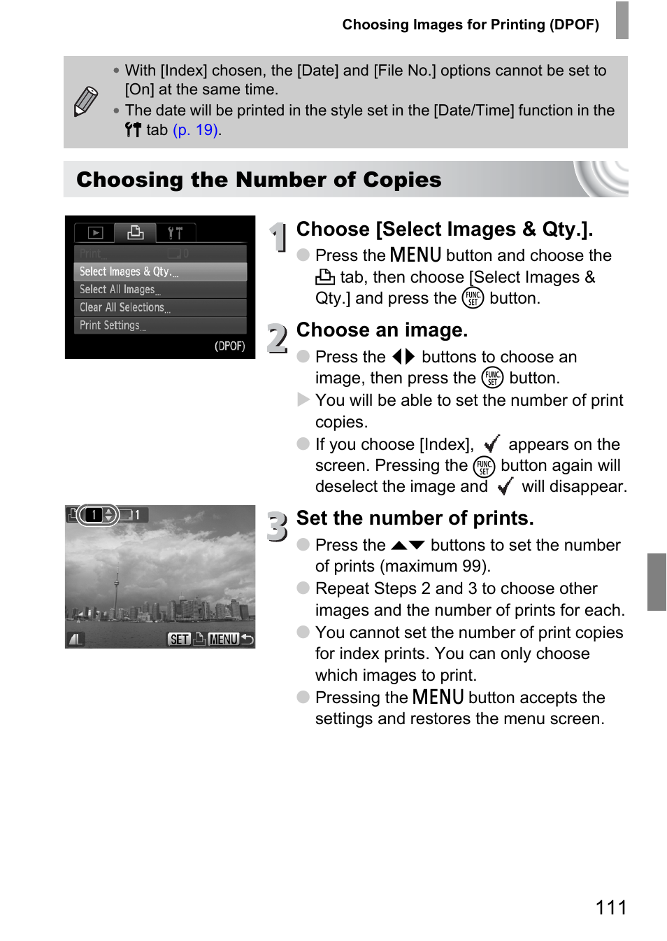 Choosing the number of copies, Choose [select images & qty, Choose an image | Set the number of prints | Canon IXUS 105 User Manual | Page 111 / 142