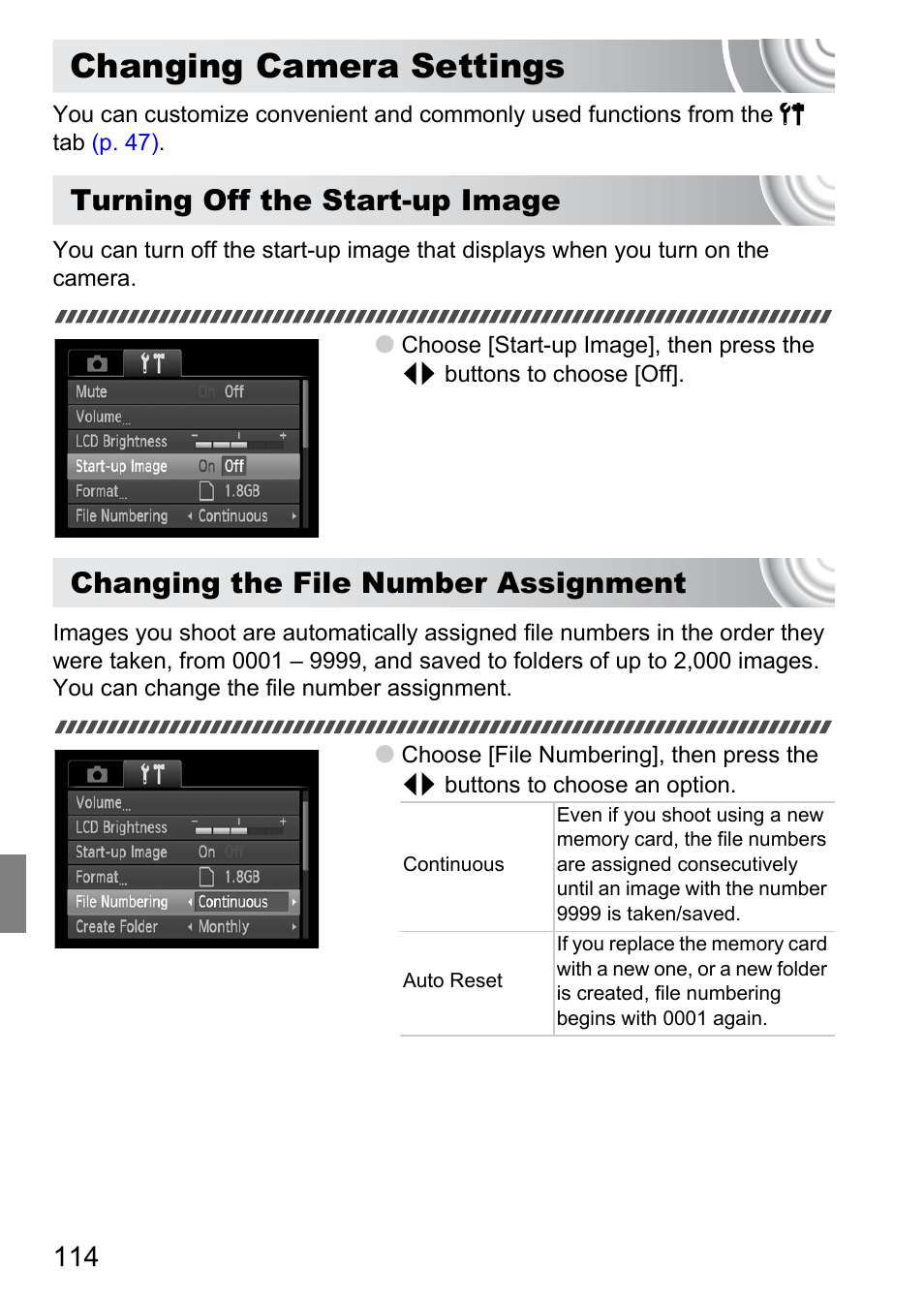 Changing camera settings, Turning off the start-up image, Changing the file number assignment | Canon IXUS 105 User Manual | Page 114 / 142