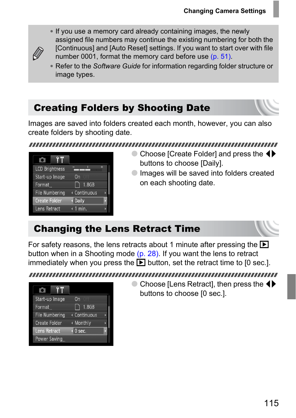 Creating folders by shooting date, Changing the lens retract time | Canon IXUS 105 User Manual | Page 115 / 142