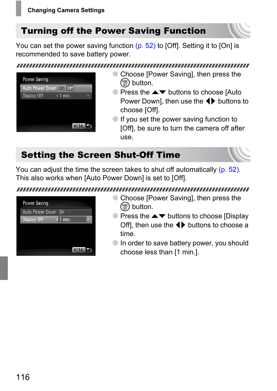 P. 116), Turning off the power saving function, Setting the screen shut-off time | Canon IXUS 105 User Manual | Page 116 / 142