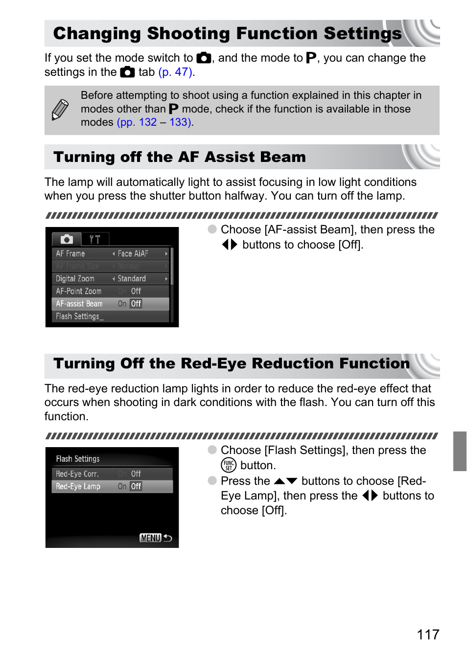 Changing shooting function settings, Changing shooting function, Settings | P. 117), Turning off the af assist beam, Turning off the red-eye reduction function | Canon IXUS 105 User Manual | Page 117 / 142