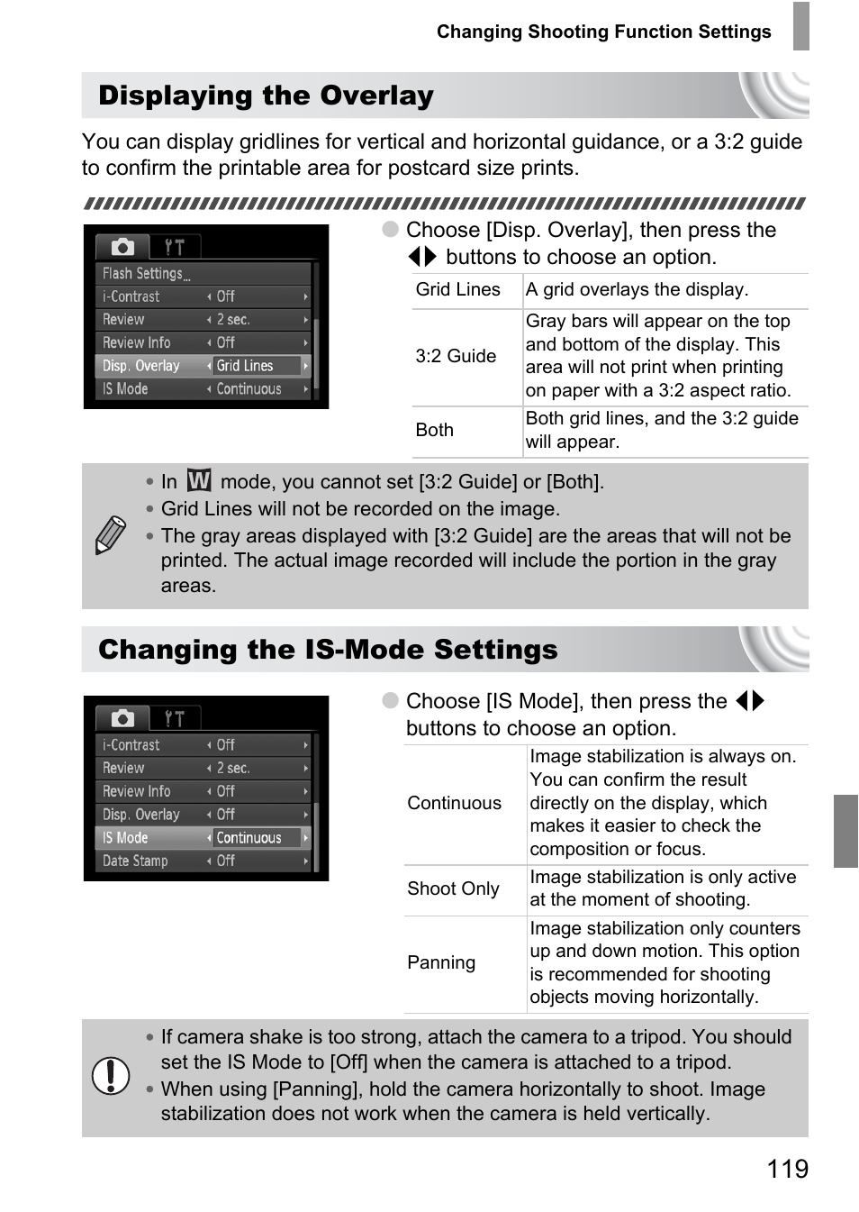 P. 119), Displaying the overlay, Changing the is-mode settings | Canon IXUS 105 User Manual | Page 119 / 142