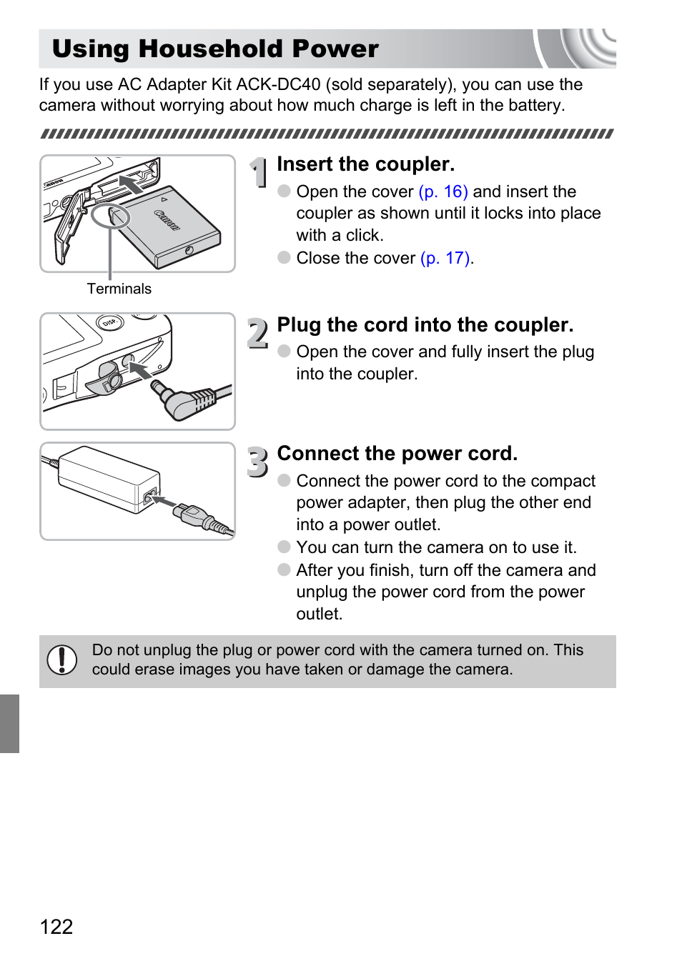 Using household power, P. 122), Insert the coupler | Plug the cord into the coupler, Connect the power cord | Canon IXUS 105 User Manual | Page 122 / 142