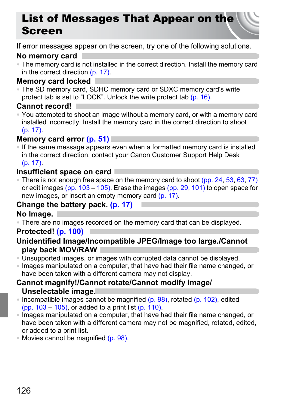 List of messages that appear on the screen, List of messages that, Appear on the screen | Canon IXUS 105 User Manual | Page 126 / 142