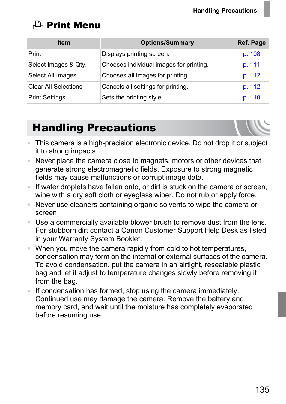 Handling precautions, 2 print menu | Canon IXUS 105 User Manual | Page 135 / 142