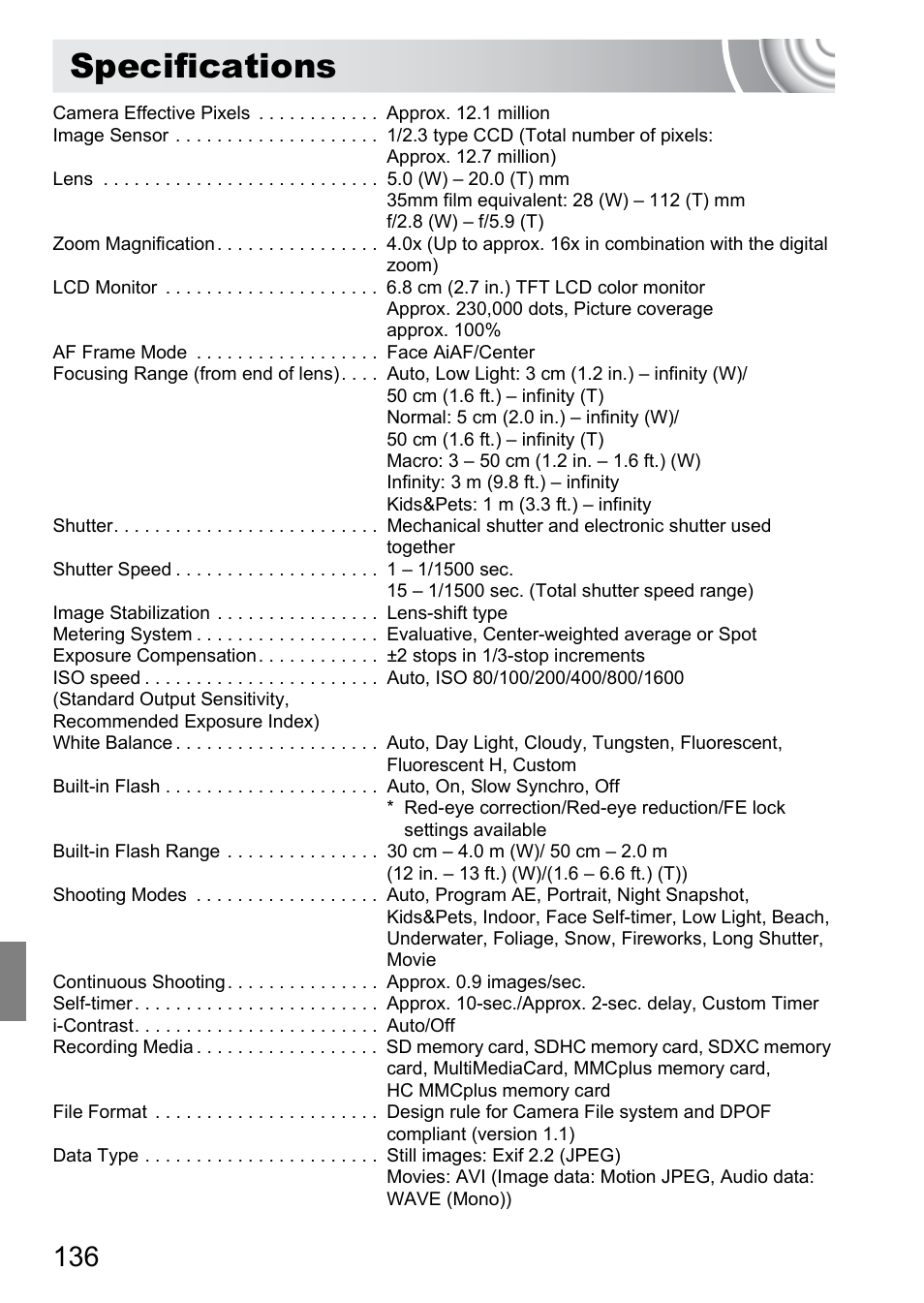 Specifications, P. 136) | Canon IXUS 105 User Manual | Page 136 / 142