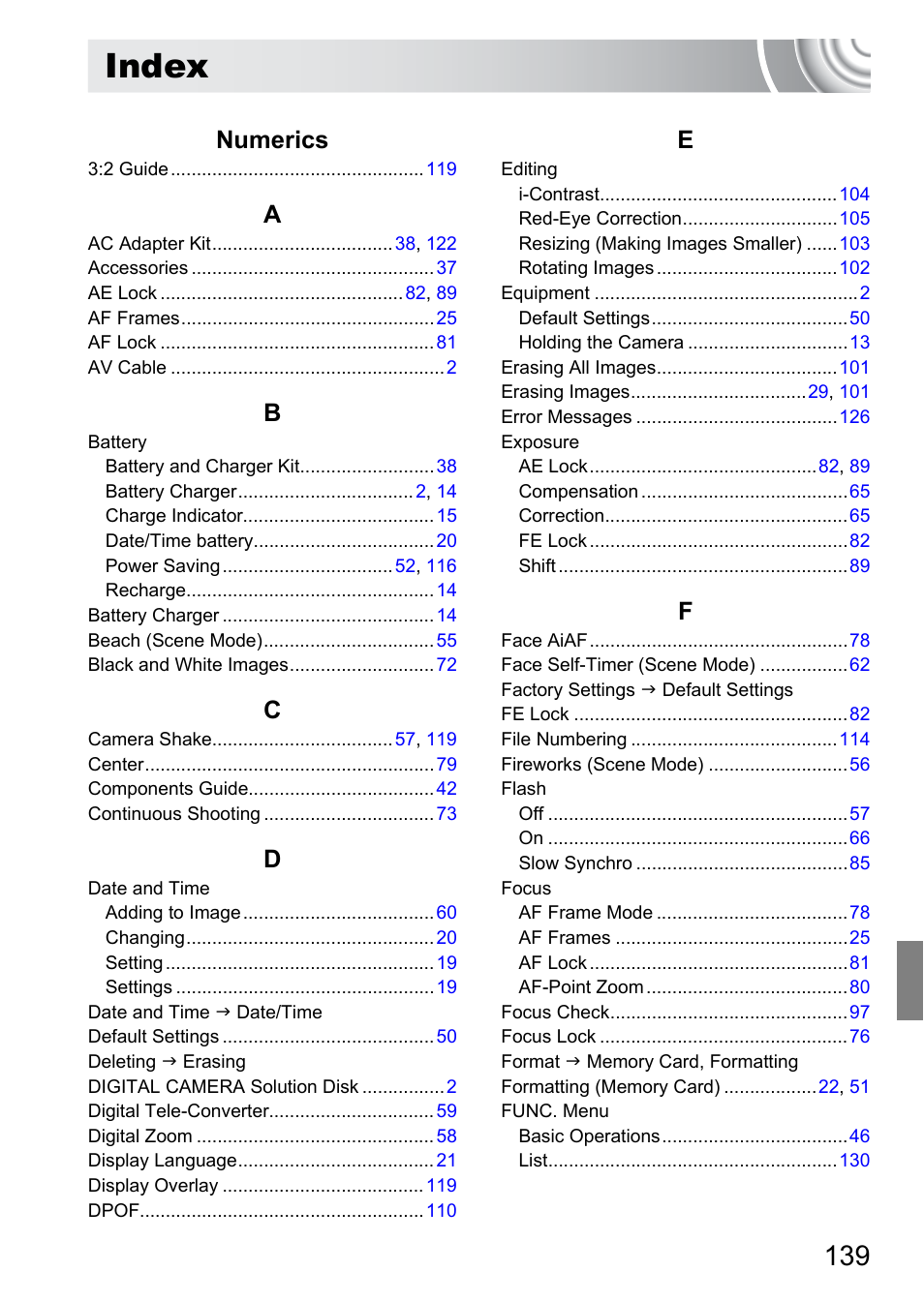 Index, Numerics | Canon IXUS 105 User Manual | Page 139 / 142