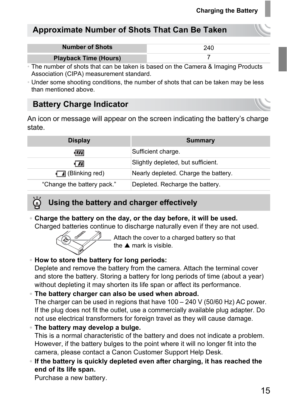 Approximate number of shots that can be taken, Battery charge indicator | Canon IXUS 105 User Manual | Page 15 / 142