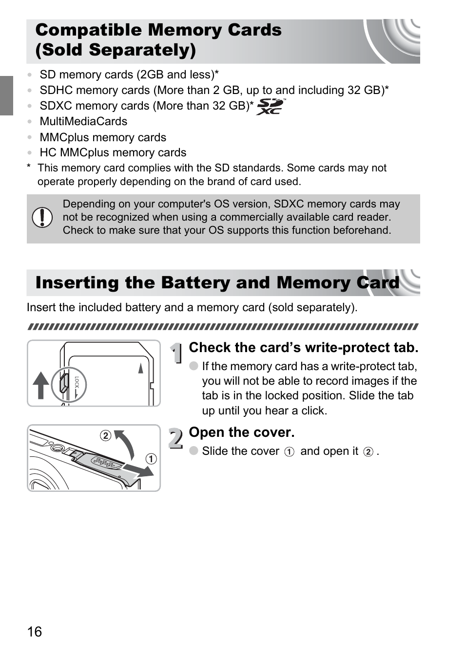 Compatible memory cards (sold separately), Inserting the battery and memory card, Compatible memory cards | Sold separately), Inserting the battery and memory, Card, Check the card’s write-protect tab, Open the cover | Canon IXUS 105 User Manual | Page 16 / 142