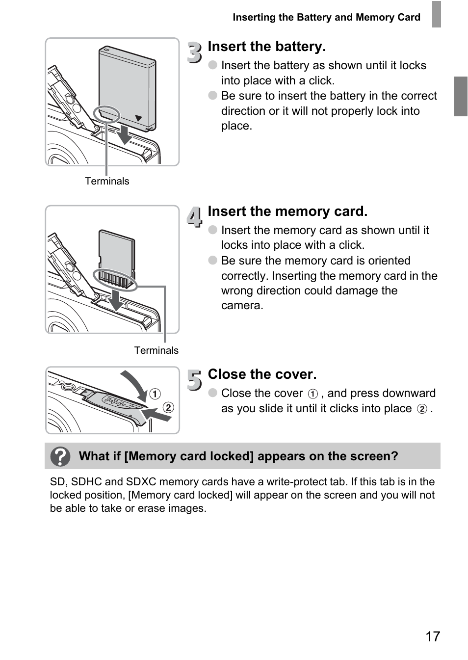 Insert the battery, Close the cover | Canon IXUS 105 User Manual | Page 17 / 142