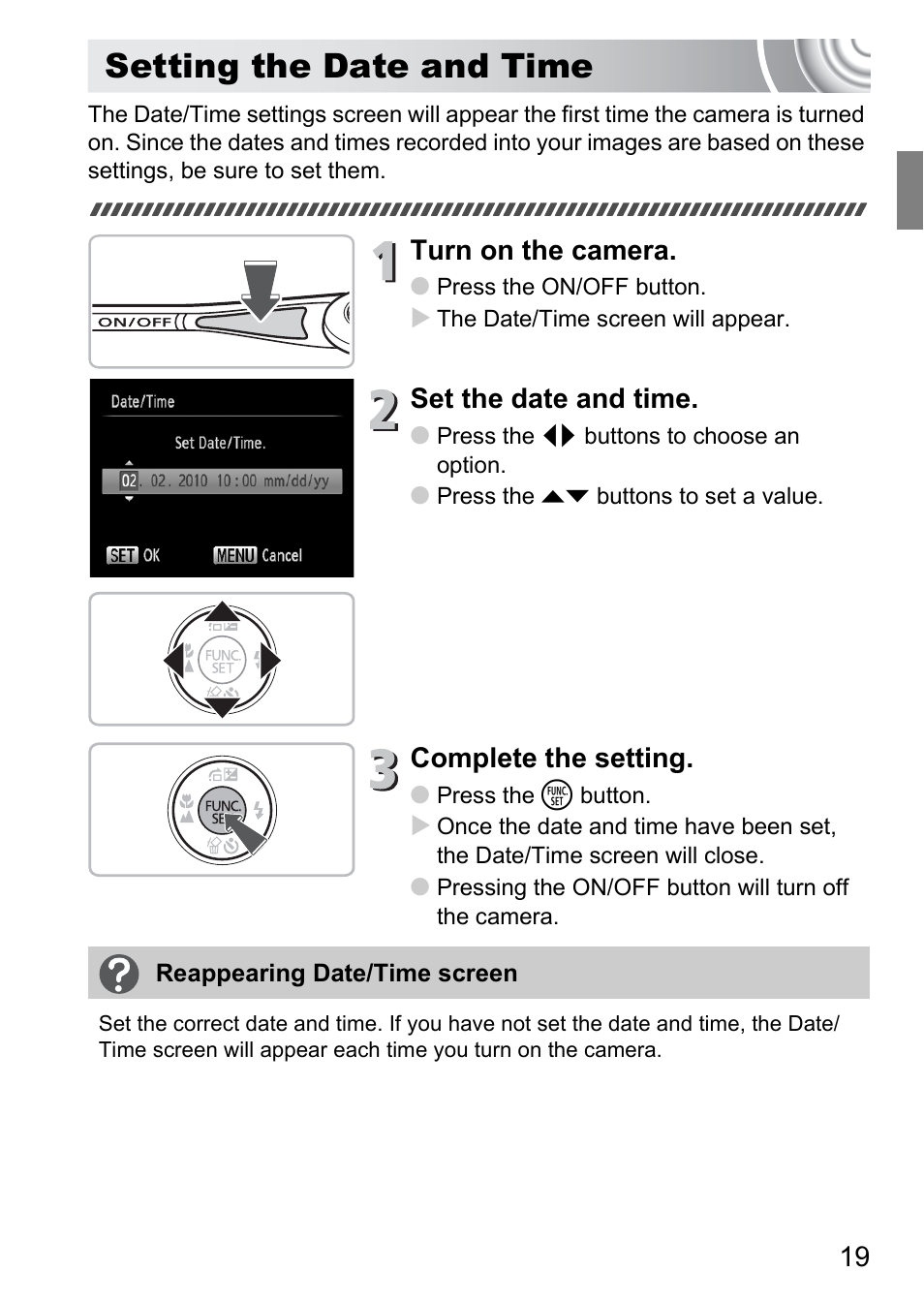Setting the date and time, Turn on the camera, Set the date and time | Complete the setting | Canon IXUS 105 User Manual | Page 19 / 142