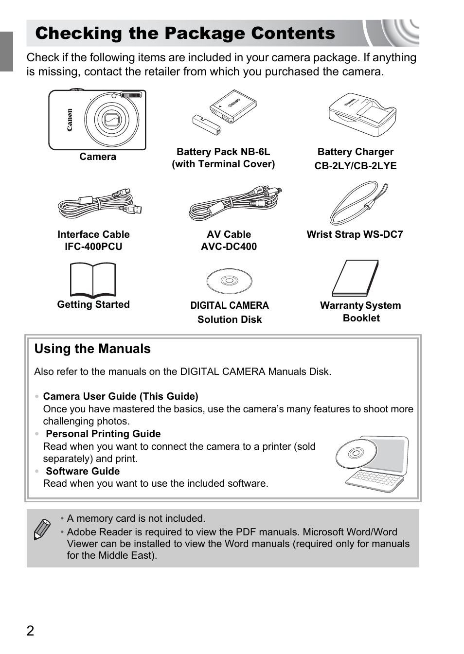Checking the package contents, Using the manuals | Canon IXUS 105 User Manual | Page 2 / 142