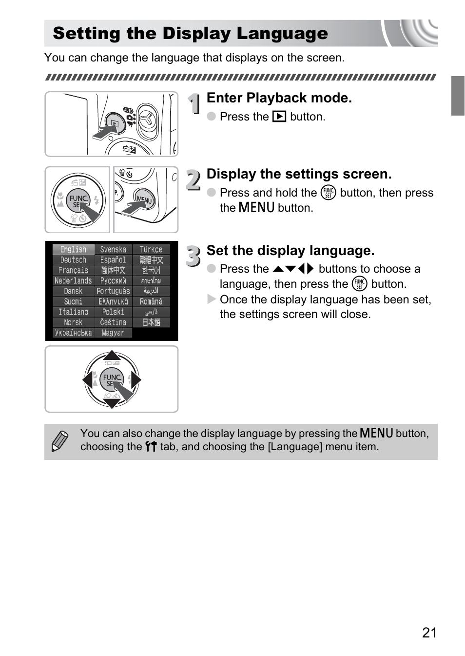 Setting the display language, Enter playback mode, Display the settings screen | Set the display language | Canon IXUS 105 User Manual | Page 21 / 142