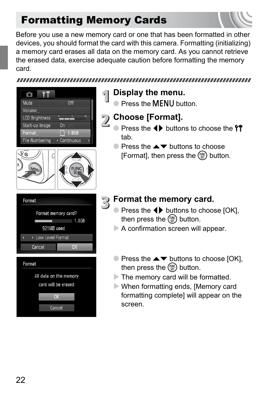 Formatting memory cards, Display the menu, Choose [format | Canon IXUS 105 User Manual | Page 22 / 142