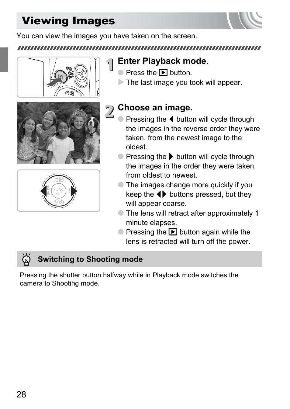 Viewing images, Enter playback mode, Choose an image | Canon IXUS 105 User Manual | Page 28 / 142