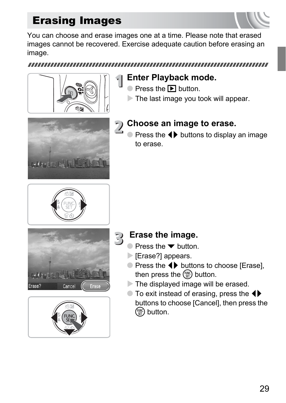 Erasing images, Enter playback mode, Choose an image to erase | Erase the image | Canon IXUS 105 User Manual | Page 29 / 142