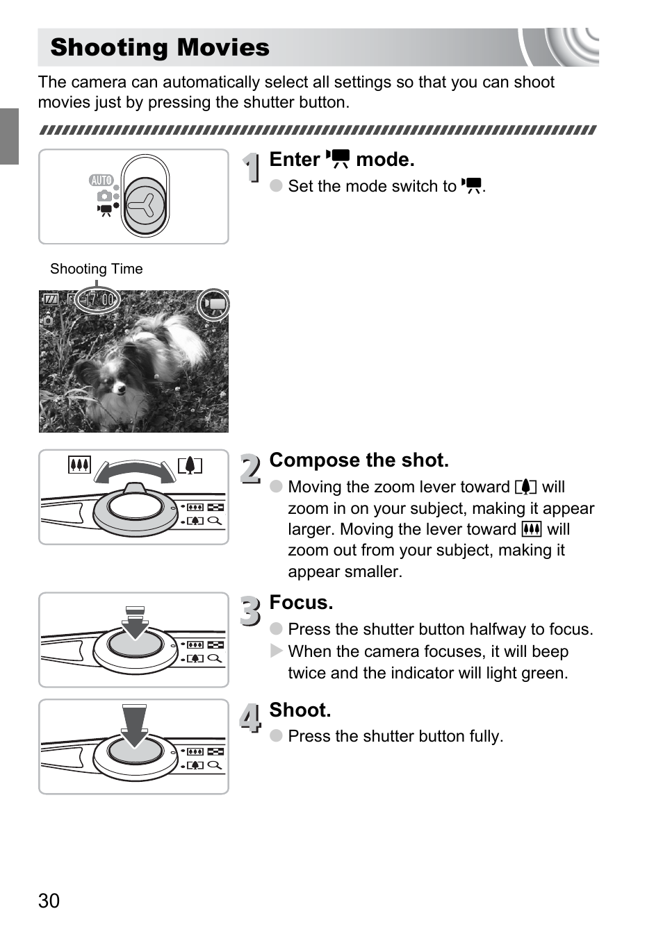 Shooting movies | Canon IXUS 105 User Manual | Page 30 / 142
