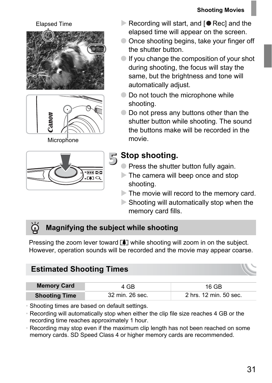 Stop shooting, Estimated shooting times | Canon IXUS 105 User Manual | Page 31 / 142