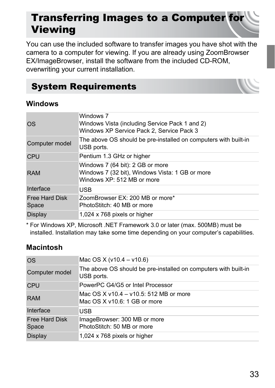 Transferring images to a computer for viewing, Transferring images to a computer for, Viewing | System requirements | Canon IXUS 105 User Manual | Page 33 / 142