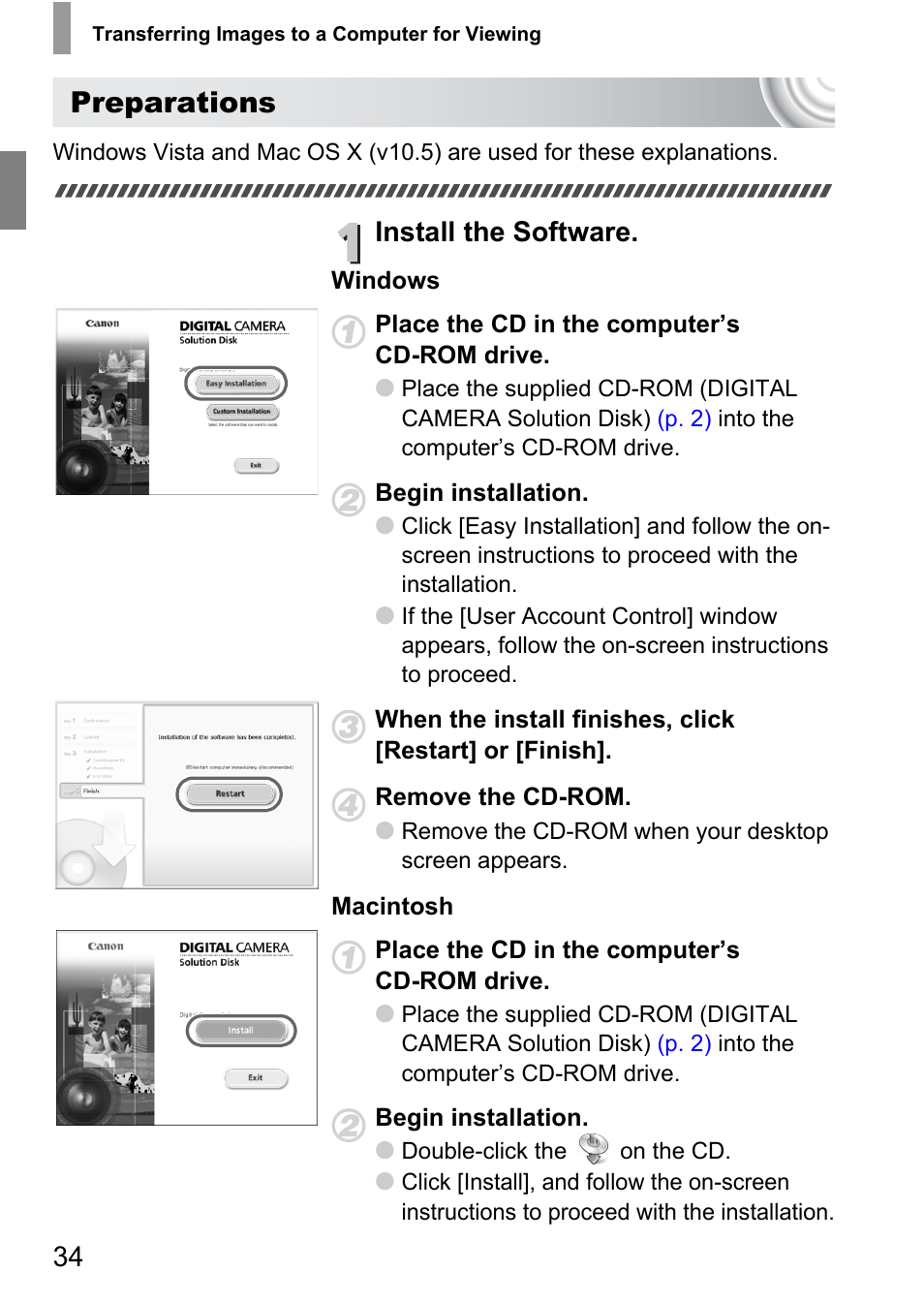Preparations, Install the software | Canon IXUS 105 User Manual | Page 34 / 142