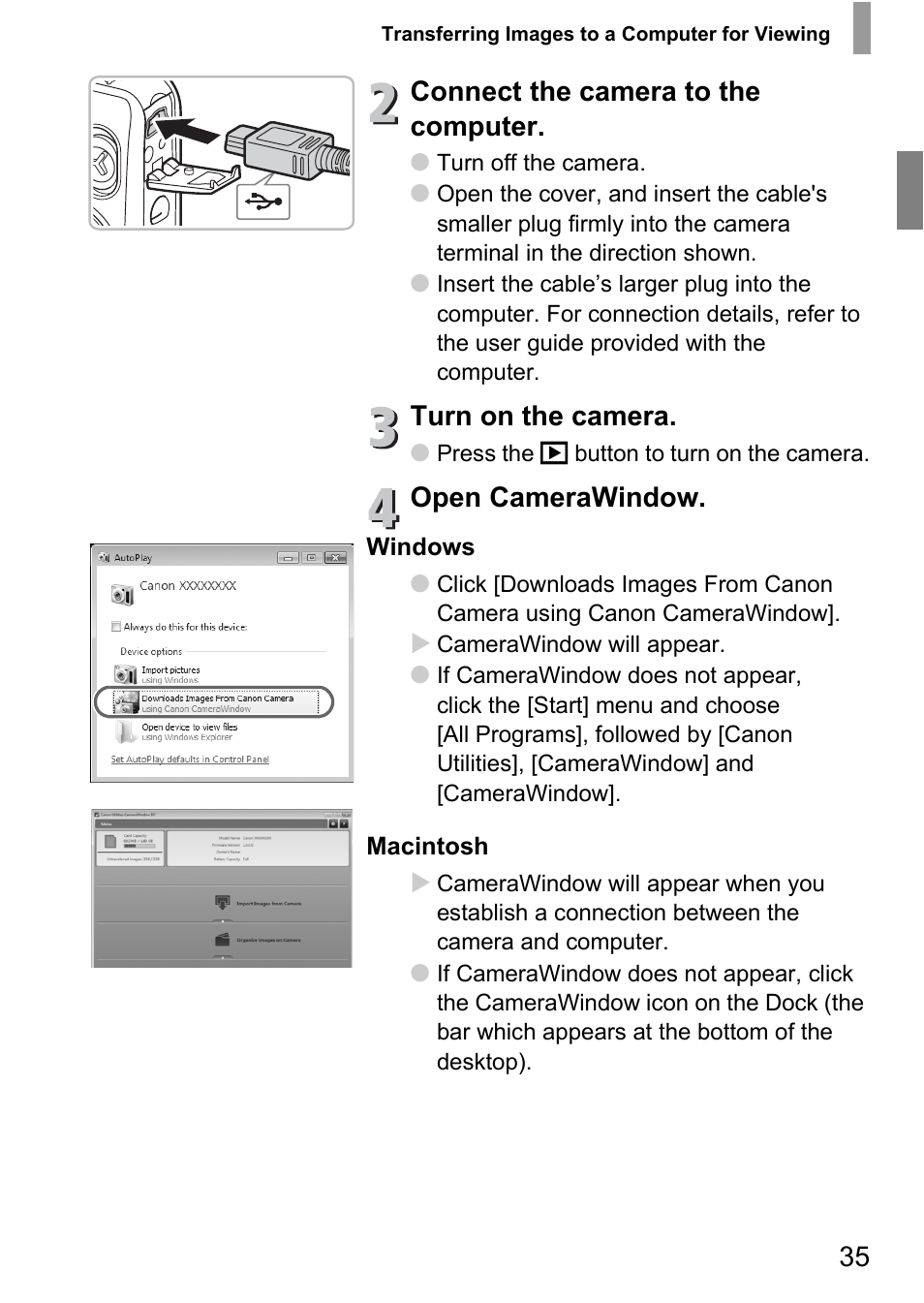 Connect the camera to the computer, Turn on the camera, Open camerawindow | Canon IXUS 105 User Manual | Page 35 / 142