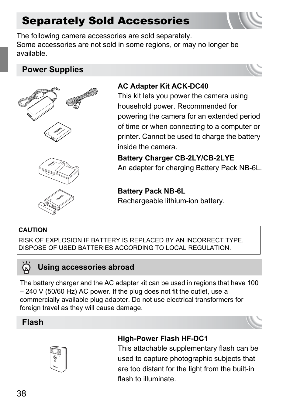 Separately sold accessories, P. 38 | Canon IXUS 105 User Manual | Page 38 / 142