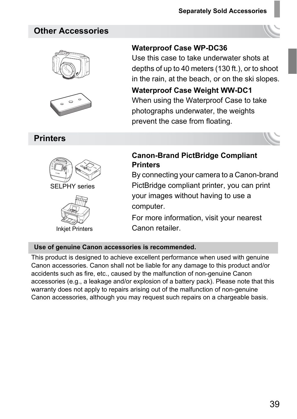 Other accessories, Printers | Canon IXUS 105 User Manual | Page 39 / 142