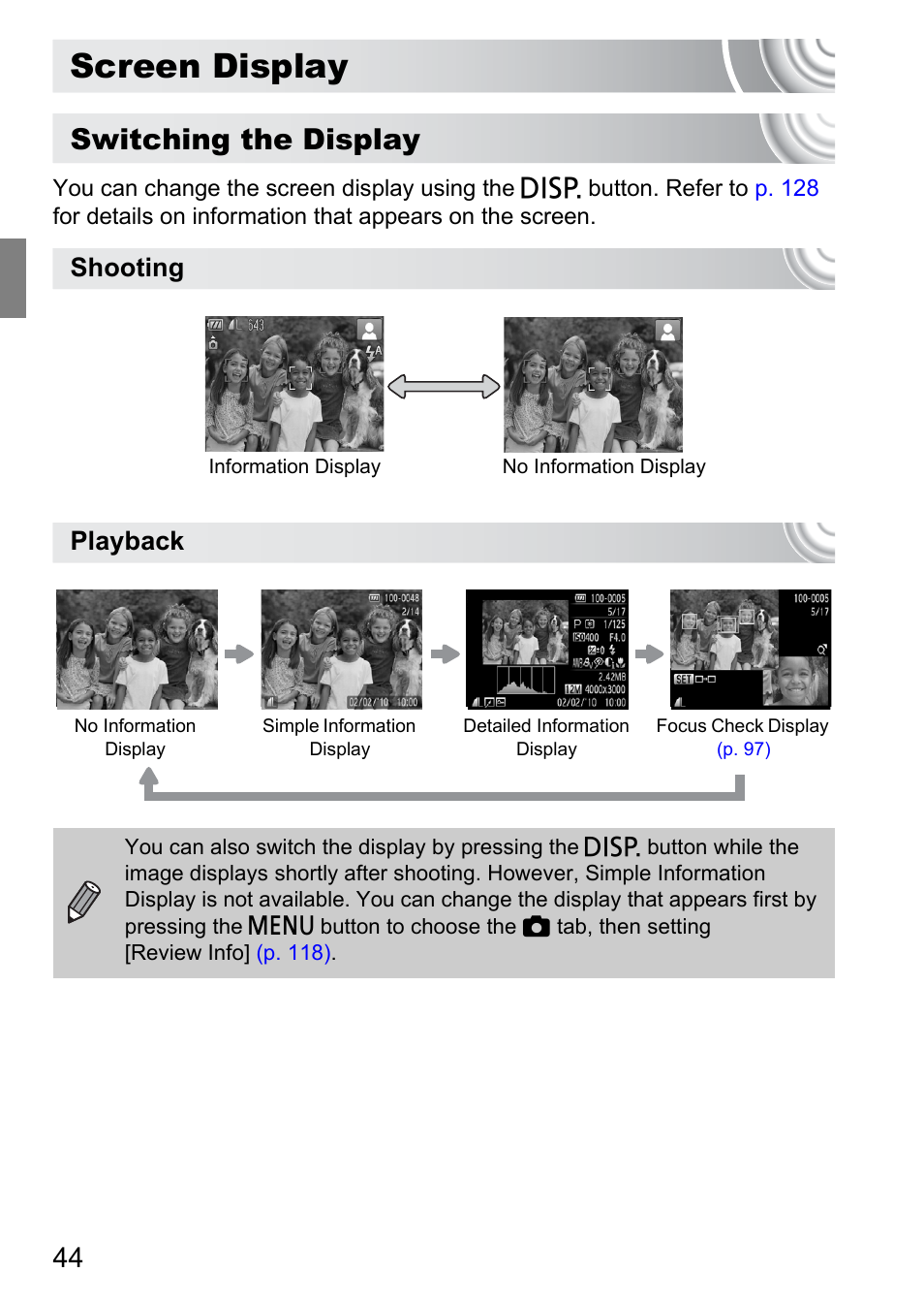 Screen display, P. 44), Tton | Switching the display, Shooting playback | Canon IXUS 105 User Manual | Page 44 / 142