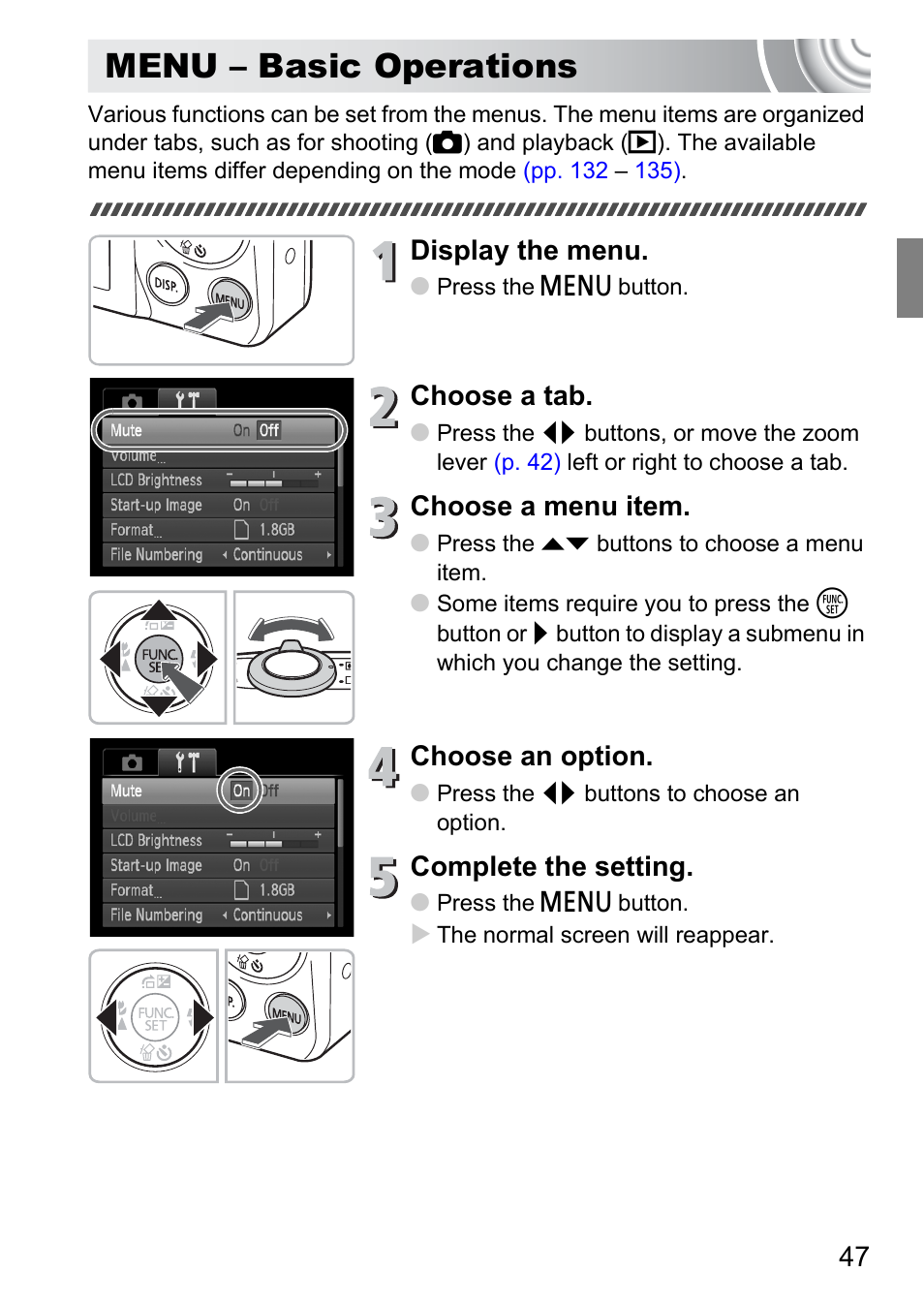 Menu - basic operations, Menu – basic operations, P. 47) | Display the menu, Choose a tab, Choose a menu item, Choose an option, Complete the setting | Canon IXUS 105 User Manual | Page 47 / 142